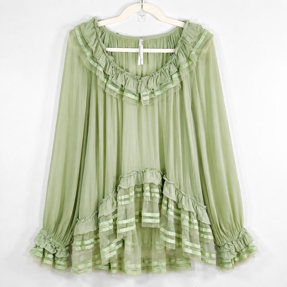 Anthropologie Poets Green Chiffon Ruffle Ribbon Blouse Sheer Boho S